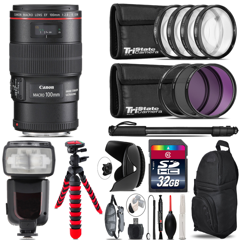 Canon EF 100mm 2.8L IS USM Lens + Professional Flash & More - 32GB Accessory Kit *FREE SHIPPING*