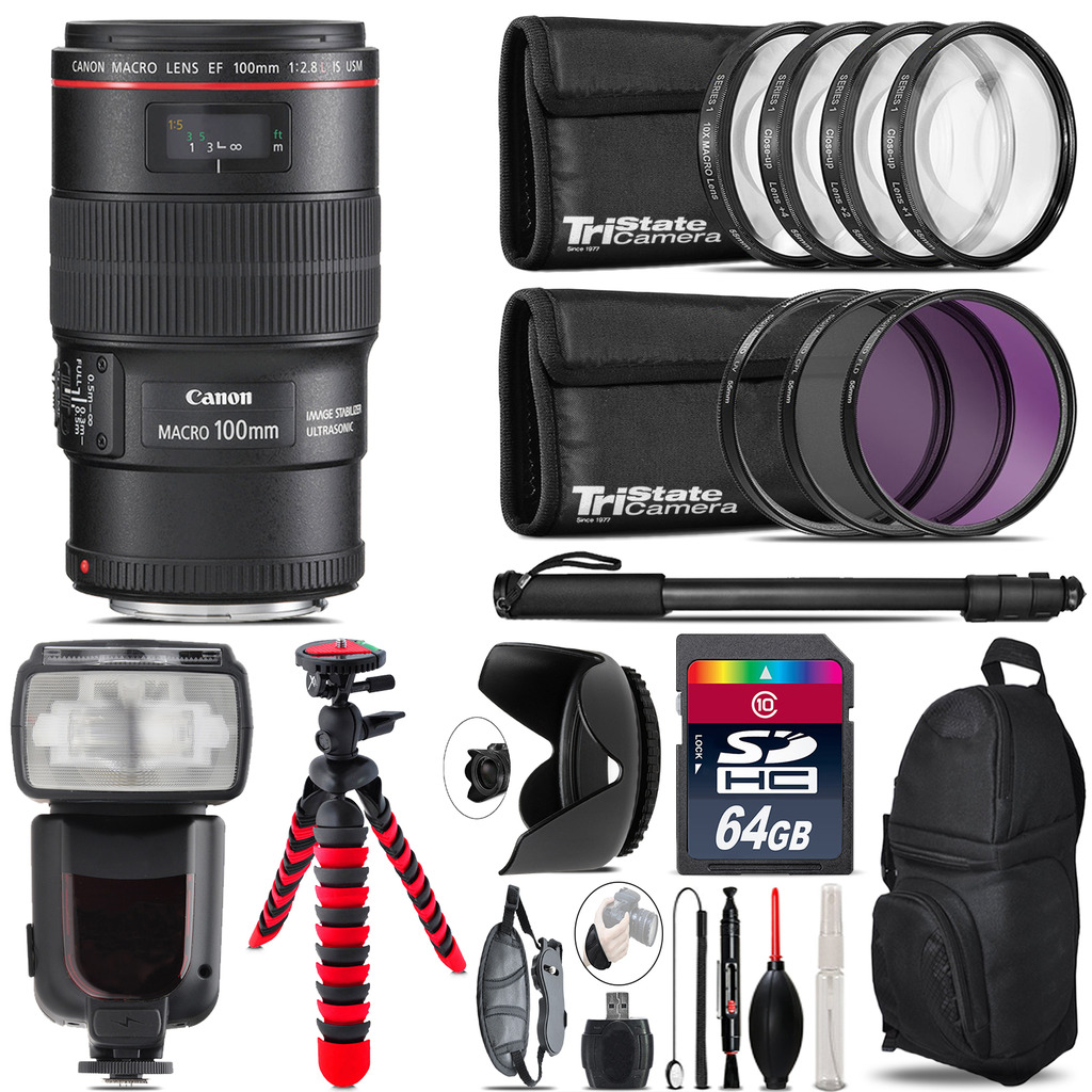 Canon EF 100mm 2.8L IS USM Lens + Professional Flash & More - 64GB Accessory Kit *FREE SHIPPING*