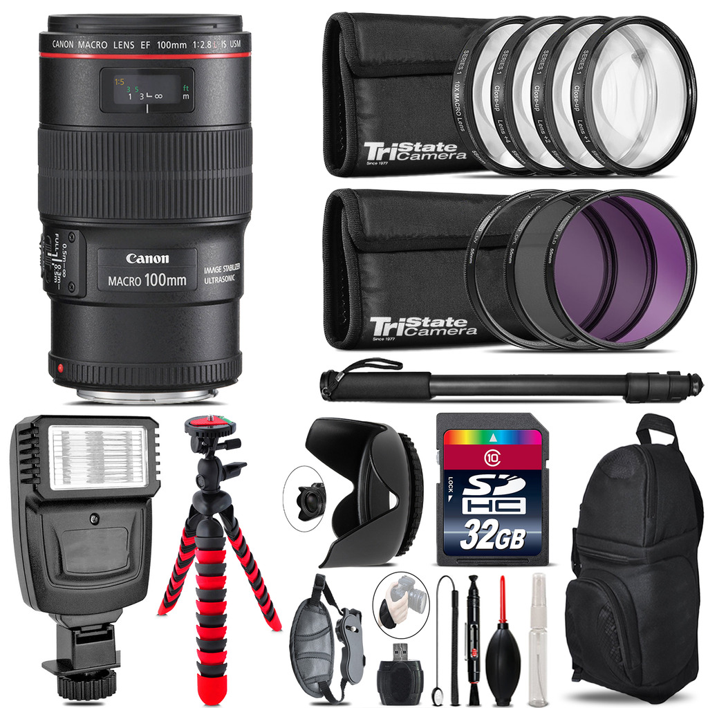 Canon EF 100mm 2.8L IS USM Lens + Flash +  Tripod & More - 32GB Accessory Kit *FREE SHIPPING*