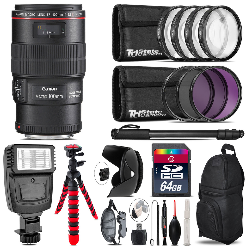 Canon EF 100mm 2.8L IS USM Lens + Flash +  Tripod & More - 64GB Accessory Kit *FREE SHIPPING*