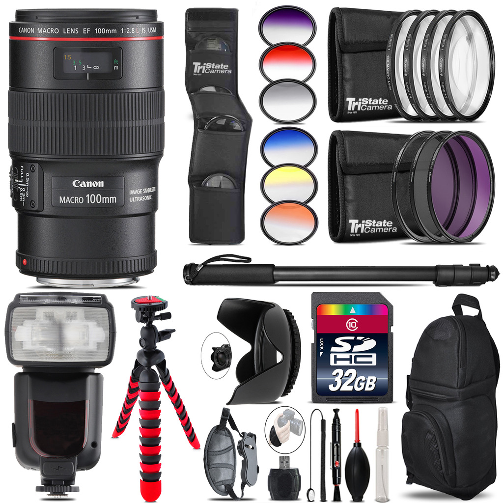 Canon EF 100mm 2.8L IS USM Lens + Pro Flash + Filter Kit - 32GB Accessory Kit *FREE SHIPPING*