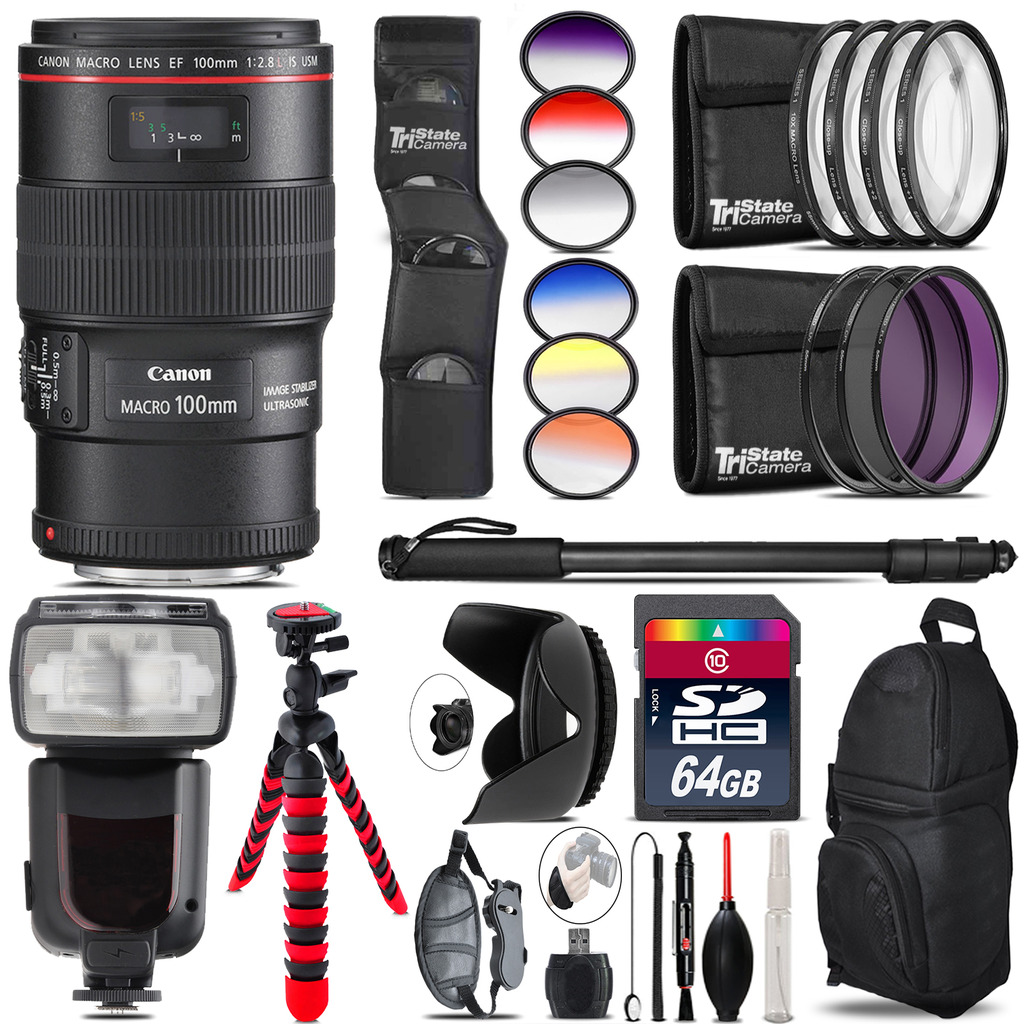Canon EF 100mm 2.8L IS USM Lens + Pro Flash + Filter Kit - 64GB Accessory Kit *FREE SHIPPING*