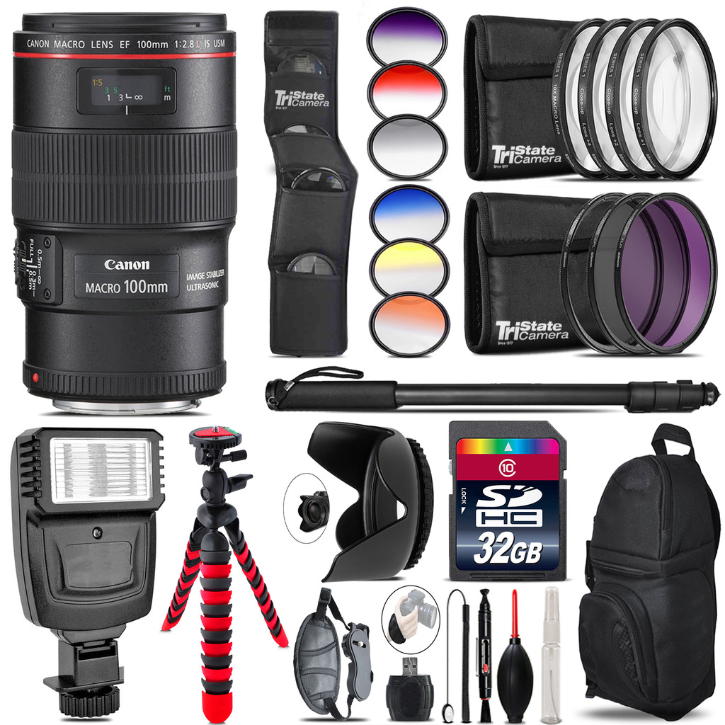 Canon EF 100mm 2.8L IS USM Lens + Flash + Color Filter Set - 32GB Accessory Kit *FREE SHIPPING*