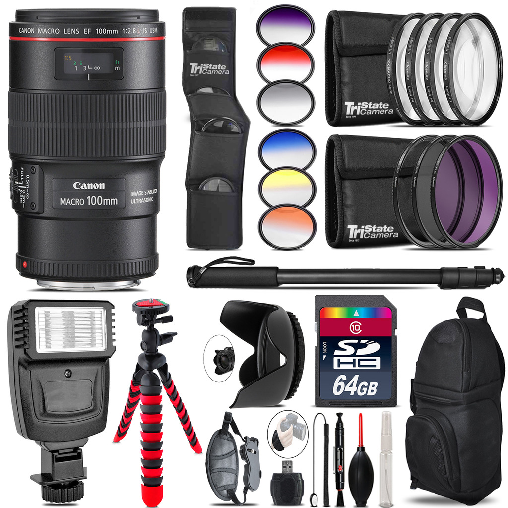 Canon EF 100mm 2.8L IS USM Lens + Flash + Color Filter Set - 64GB Accessory Kit *FREE SHIPPING*