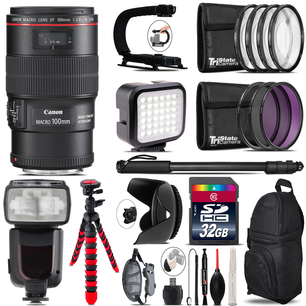 Canon EF 100mm 2.8L IS USM Lens - Video Kit + Pro Flash - 32GB Accessory Bundle *FREE SHIPPING*