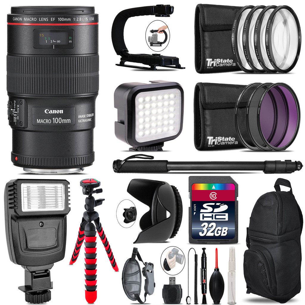 Canon EF 100mm 2.8L IS USM Lens - Video Kit +  Flash - 32GB Accessory Bundle *FREE SHIPPING*