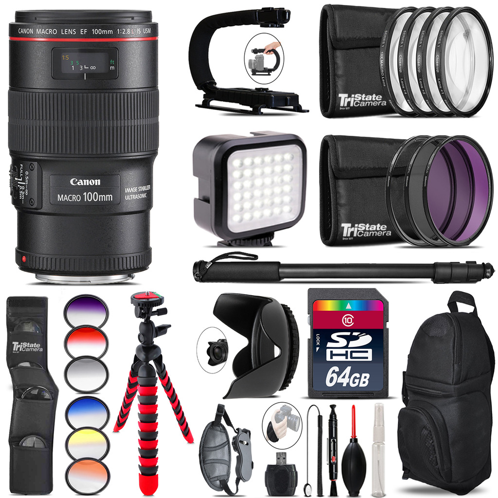 Canon EF 100mm 2.8L IS USM Lens - Video Kit + Color Filter - 64GB Accessory Kit *FREE SHIPPING*