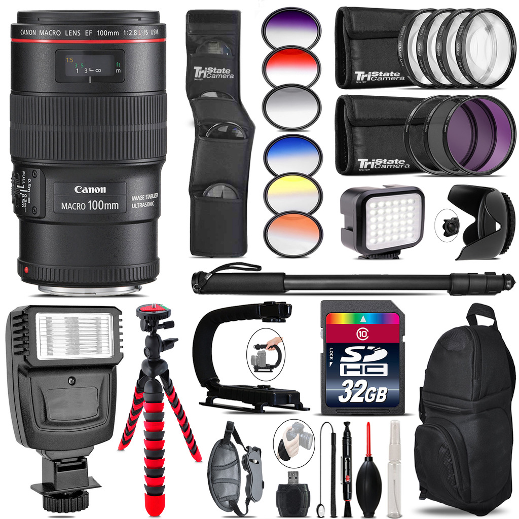 Canon EF 100mm 2.8L IS USM Lens + Color Set + LED Light - 32GB Accessory Bundle *FREE SHIPPING*