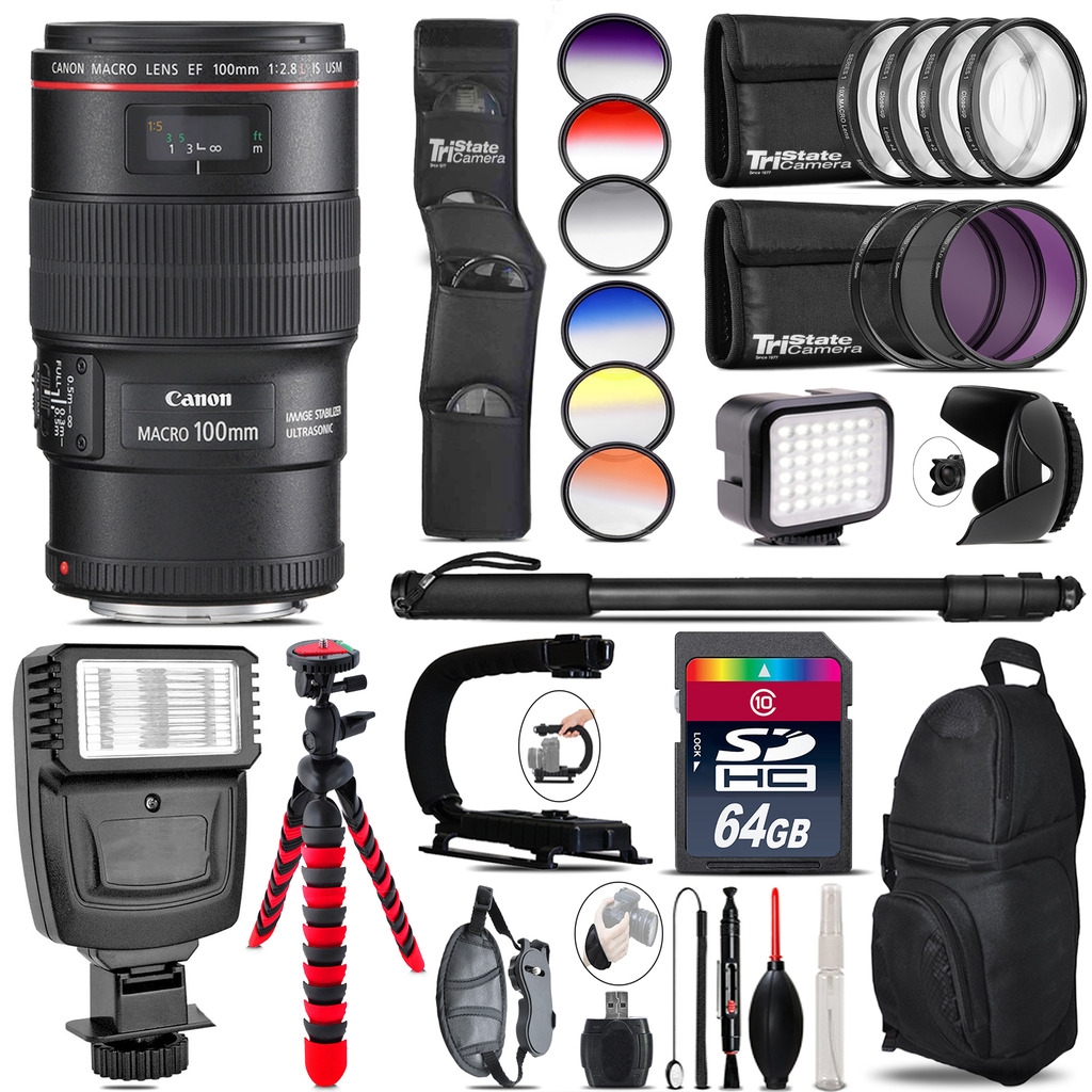 Canon EF 100mm 2.8L IS USM Lens + Color Set + LED Light - 64GB Accessory Bundle *FREE SHIPPING*