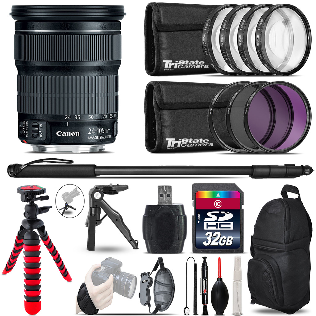 24-105mm IS STM + MACRO, UV-CPL-FLD Filter + Monopod - 32GB Accessory Kit *FREE SHIPPING*