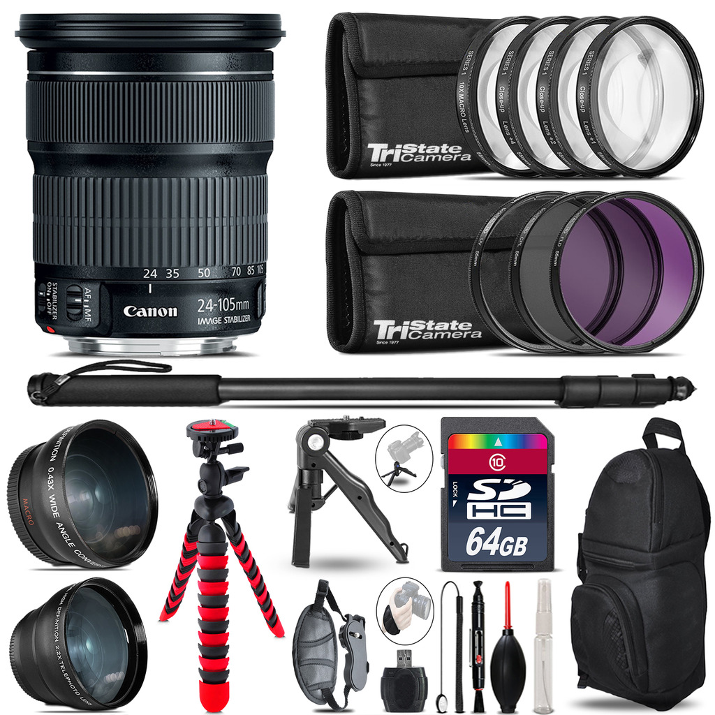 24-105mm IS STM - 3 Lens Kit + Tripod + Backpack - 64GB Accessory Bundle *FREE SHIPPING*
