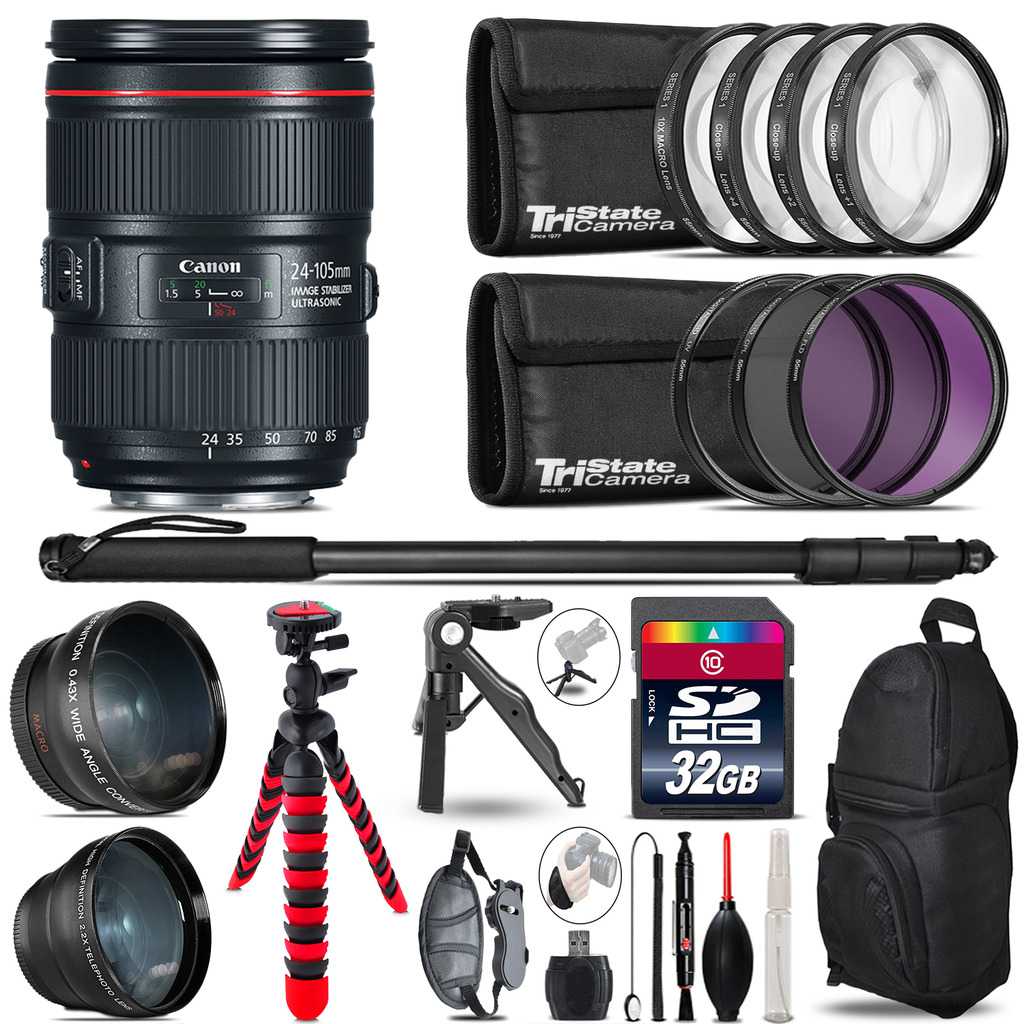 Canon 24-105mm IS II - 3 Lens Kit + Tripod + Backpack - 32GB Accessory Bundle *FREE SHIPPING*