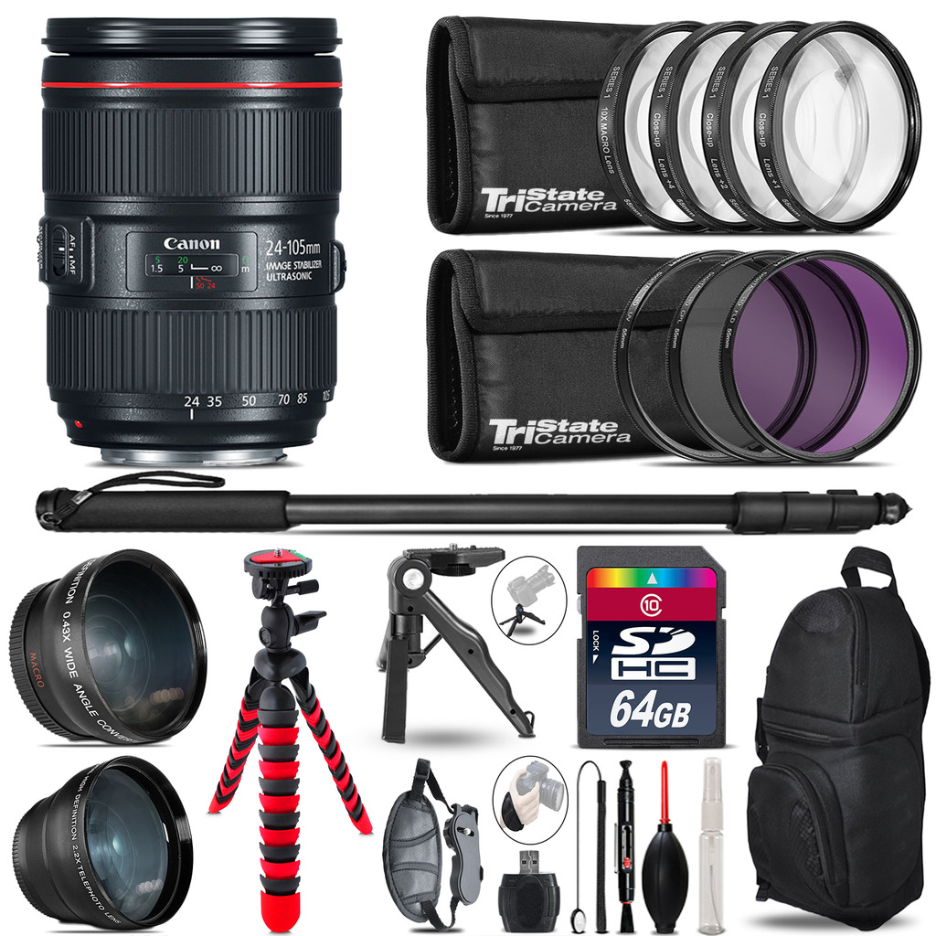 Canon 24-105mm IS II - 3 Lens Kit + Tripod + Backpack - 64GB Accessory Bundle *FREE SHIPPING*