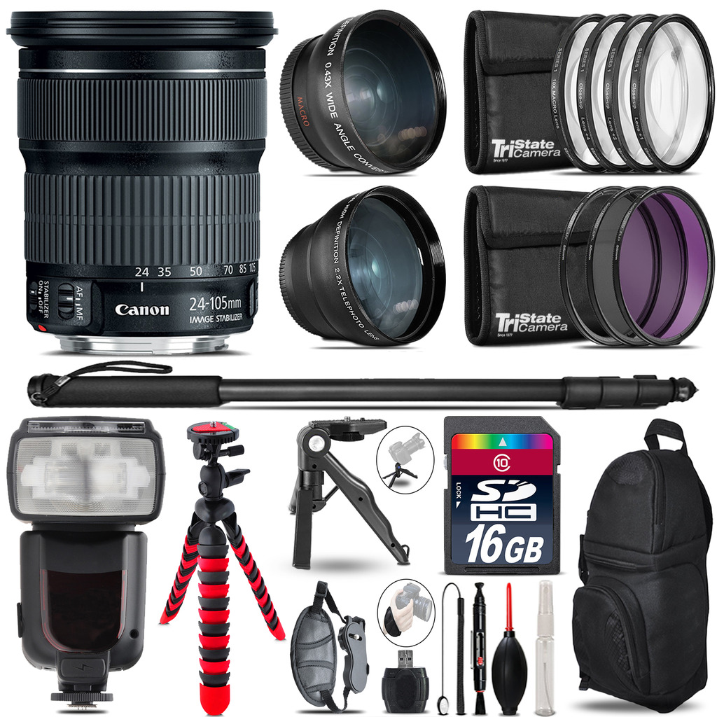 24-105mm IS STM - 3 Lens Kit + Professional Flash - 16GB Accessory Bundle *FREE SHIPPING*