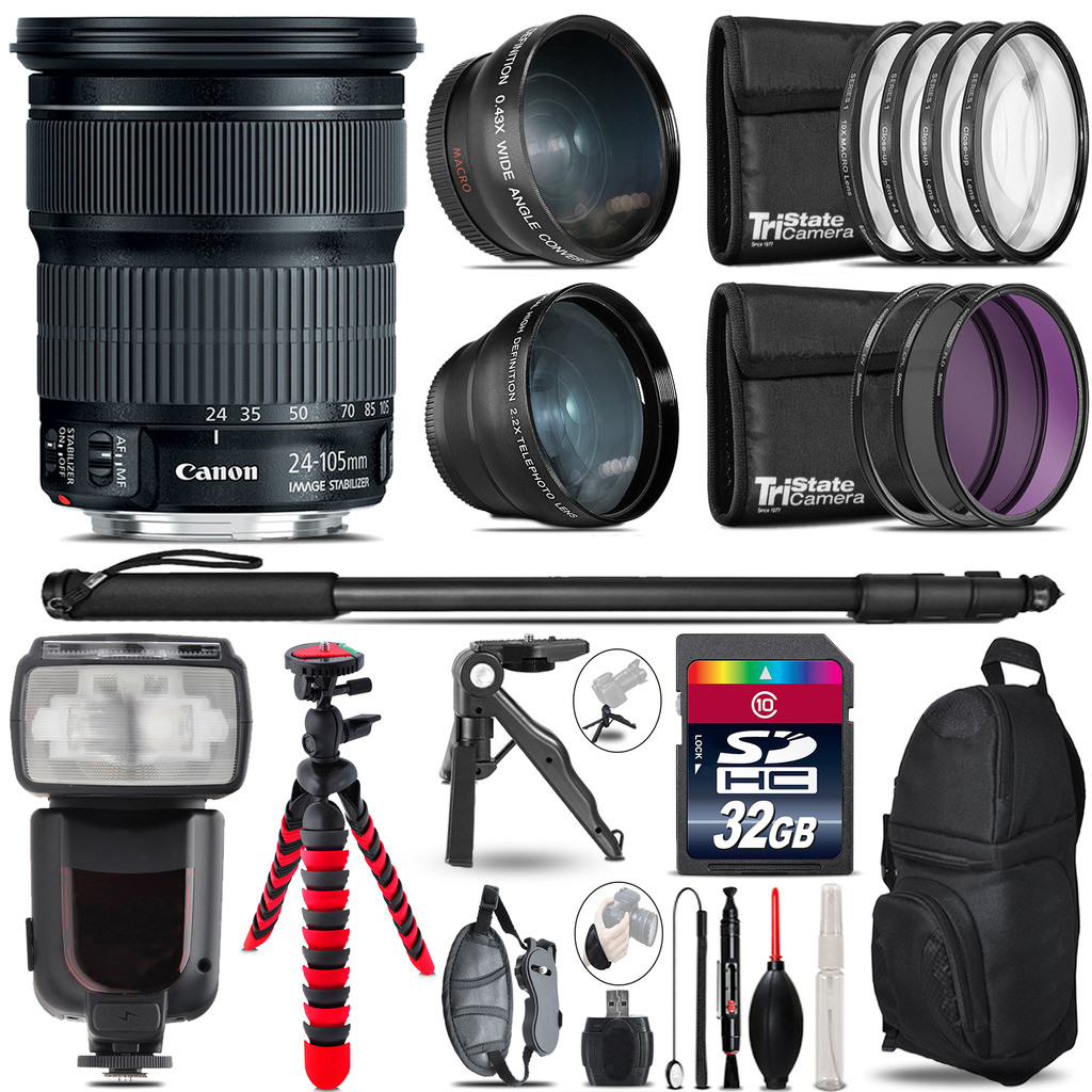 24-105mm IS STM - 3 Lens Kit + Professional Flash - 32GB Accessory Bundle *FREE SHIPPING*