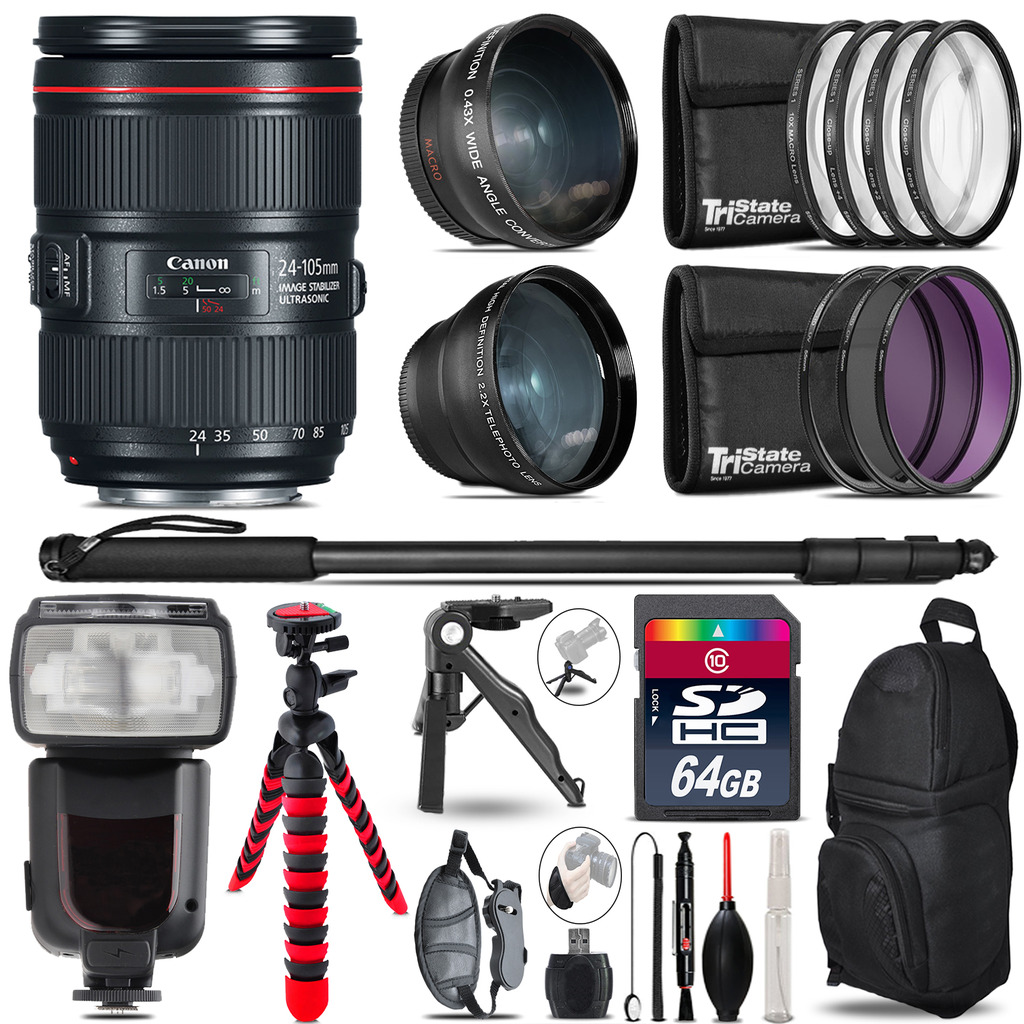 Canon 24-105mm IS II - 3 Lens Kit + Professional Flash - 64GB Accessory Bundle *FREE SHIPPING*