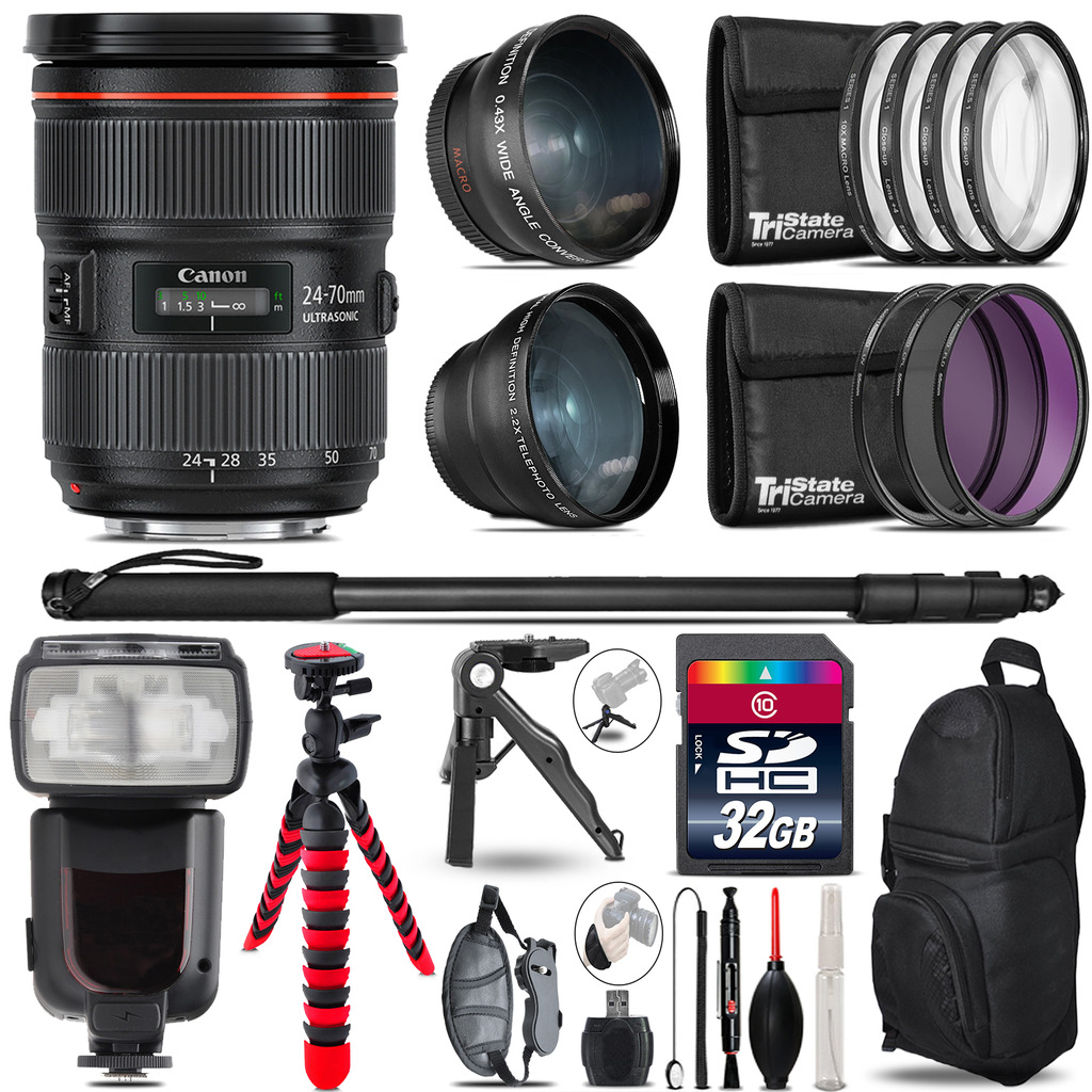 Canon 24-70mm f/2.8 II - 3 Lens Kit + Professional Flash - 32GB Accessory Bundle *FREE SHIPPING*