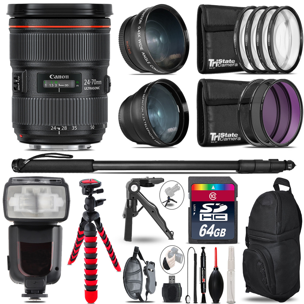 Canon 24-70mm f/2.8 II - 3 Lens Kit + Professional Flash - 64GB Accessory Bundle *FREE SHIPPING*