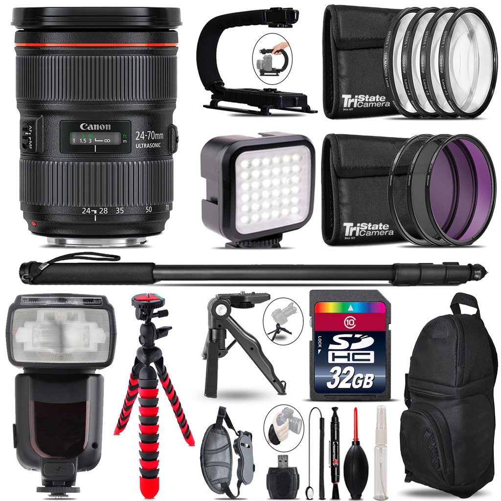 EF 24-70mm f/2.8 II - Video Kit + Pro Flash + Monopod - 32GB Accessory Bundle *FREE SHIPPING*