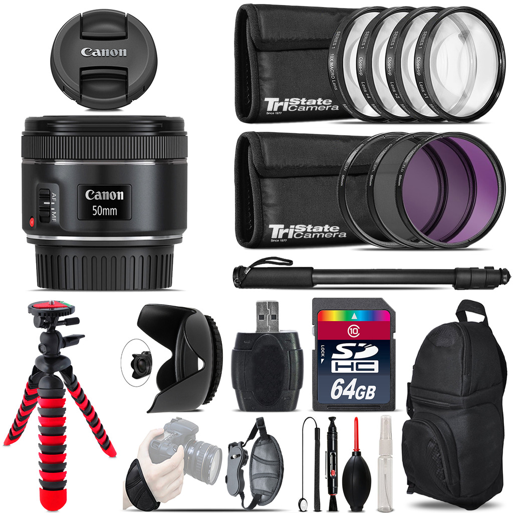 Canon EF 50mm f/1.8 STM Lens + Macro Filter Kit & More - 64GB Accessory Kit *FREE SHIPPING*