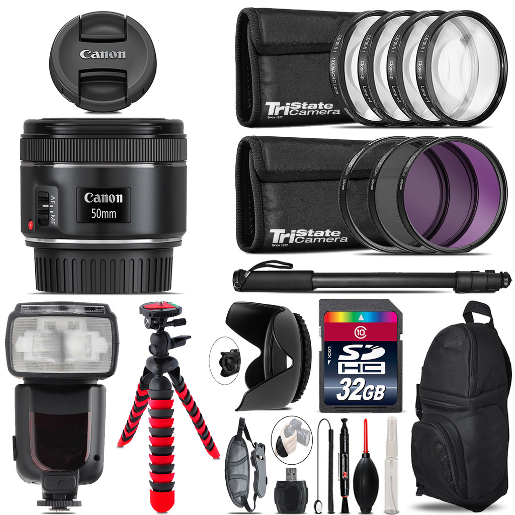 Canon EF 50mm f/1.8 STM Lens + Professional Flash & More - 32GB Accessory Kit *FREE SHIPPING*