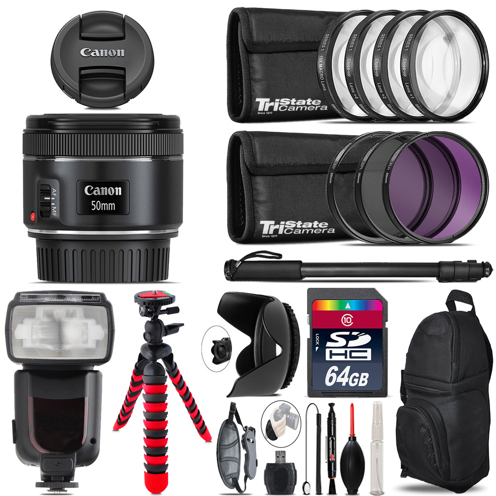Canon EF 50mm f/1.8 STM Lens + Professional Flash & More - 64GB Accessory Kit *FREE SHIPPING*