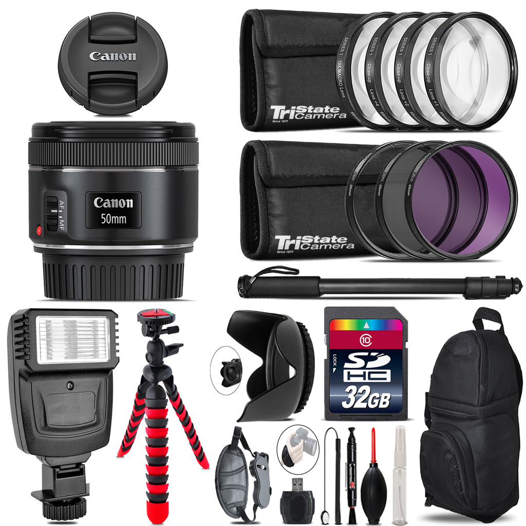 Canon EF 50mm f/1.8 STM Lens + Flash +  Tripod & More - 32GB Accessory Kit *FREE SHIPPING*