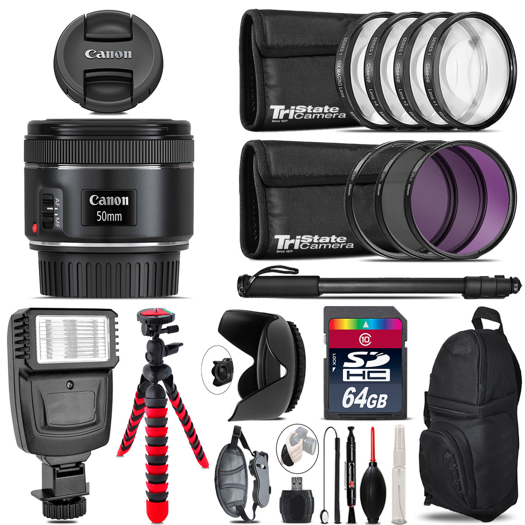 Canon EF 50mm f/1.8 STM Lens + Flash +  Tripod & More - 64GB Accessory Kit *FREE SHIPPING*
