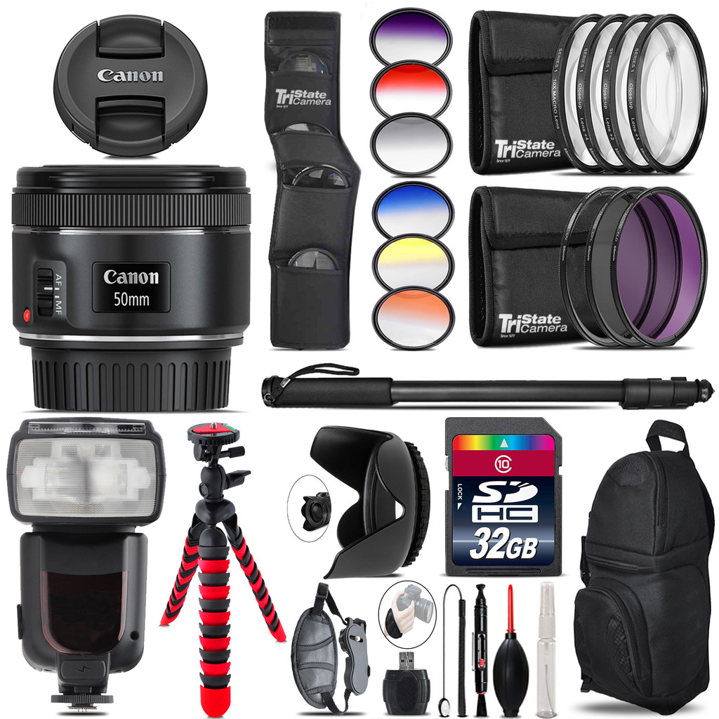Canon EF 50mm f/1.8 STM Lens + Pro Flash + Filter Kit - 32GB Accessory Kit *FREE SHIPPING*
