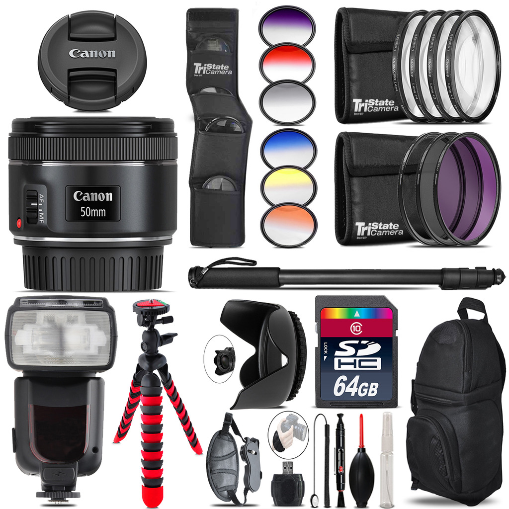 Canon EF 50mm f/1.8 STM Lens + Pro Flash + Filter Kit - 64GB Accessory Kit *FREE SHIPPING*
