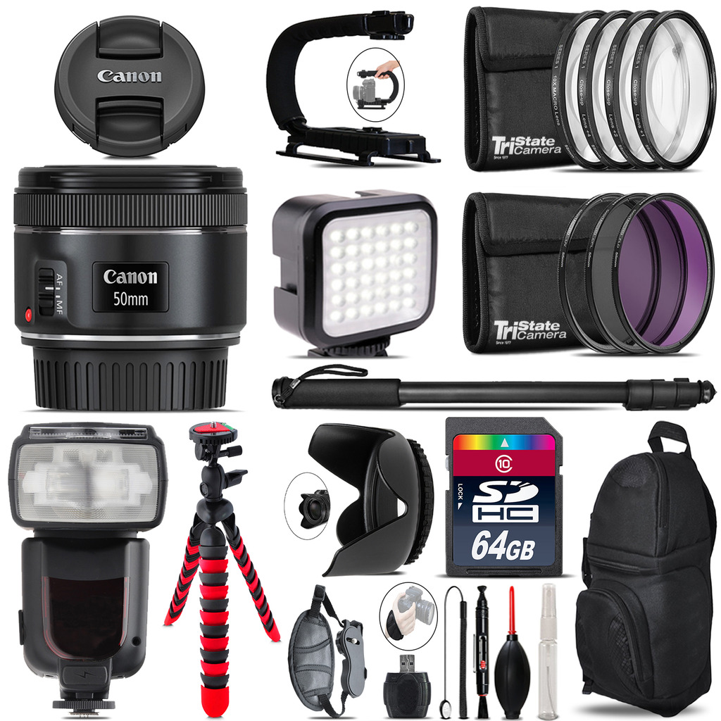 Canon EF 50mm f/1.8 STM Lens - Video Kit + Pro Flash - 64GB Accessory Bundle *FREE SHIPPING*