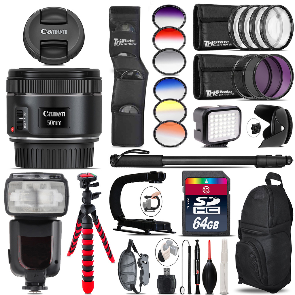 Canon EF 50mm f/1.8 STM Lens + Pro Flash + LED Light - 64GB Accessory Bundle *FREE SHIPPING*