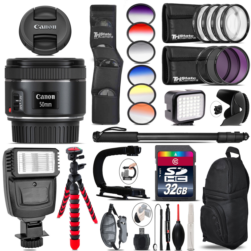 Canon EF 50mm f/1.8 STM Lens + Color Set + LED Light - 32GB Accessory Bundle *FREE SHIPPING*