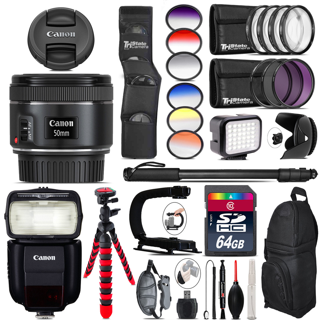 Canon EF 50mm f/1.8 STM Lens + Canon Speedlite 430EX + LED - 64GB Accessory Kit *FREE SHIPPING*