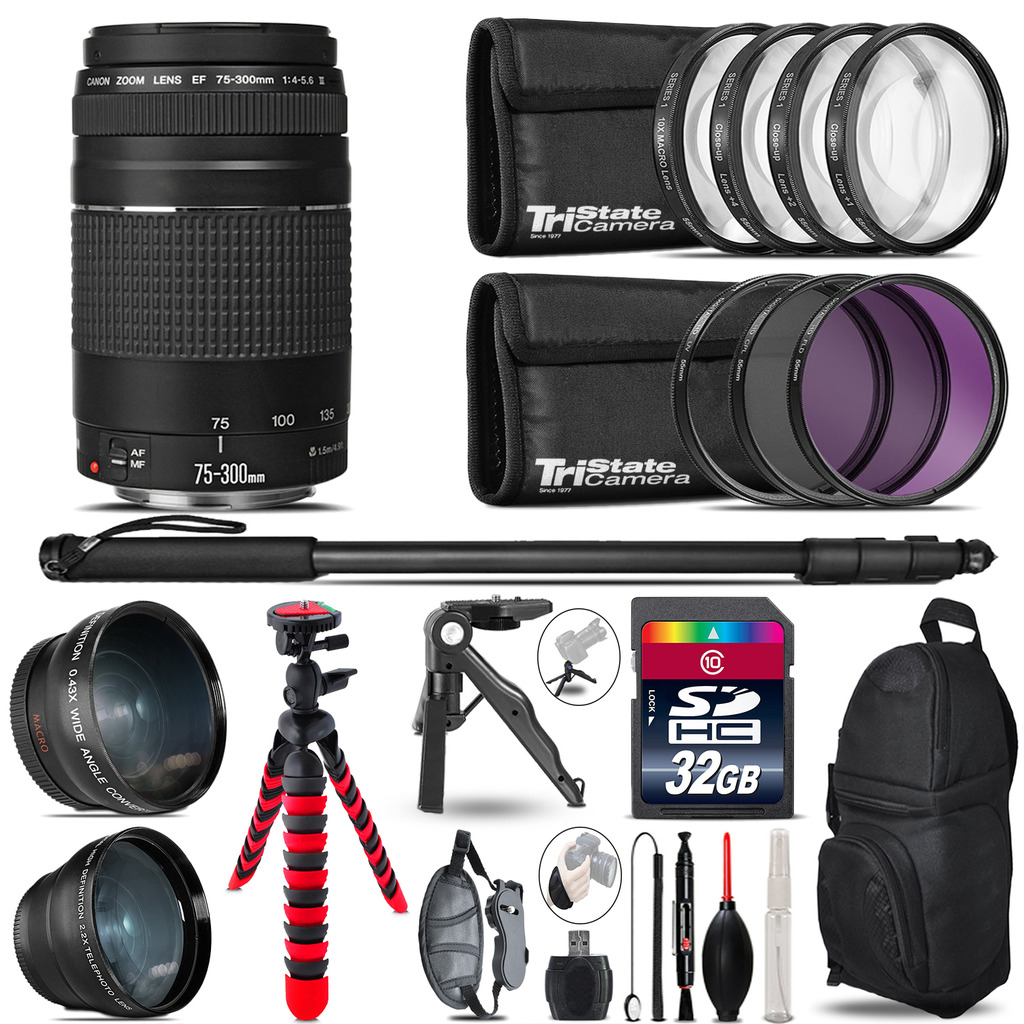 Canon EF 75-300 III - 3 Lens Kit + Tripod + Backpack - 32GB Accessory Bundle *FREE SHIPPING*