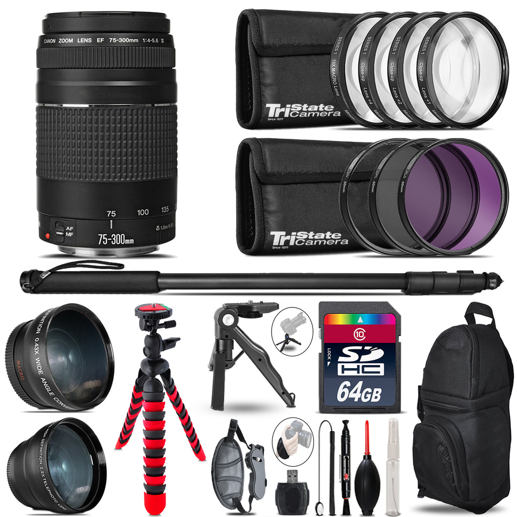 Canon EF 75-300 III - 3 Lens Kit + Tripod + Backpack - 64GB Accessory Bundle *FREE SHIPPING*