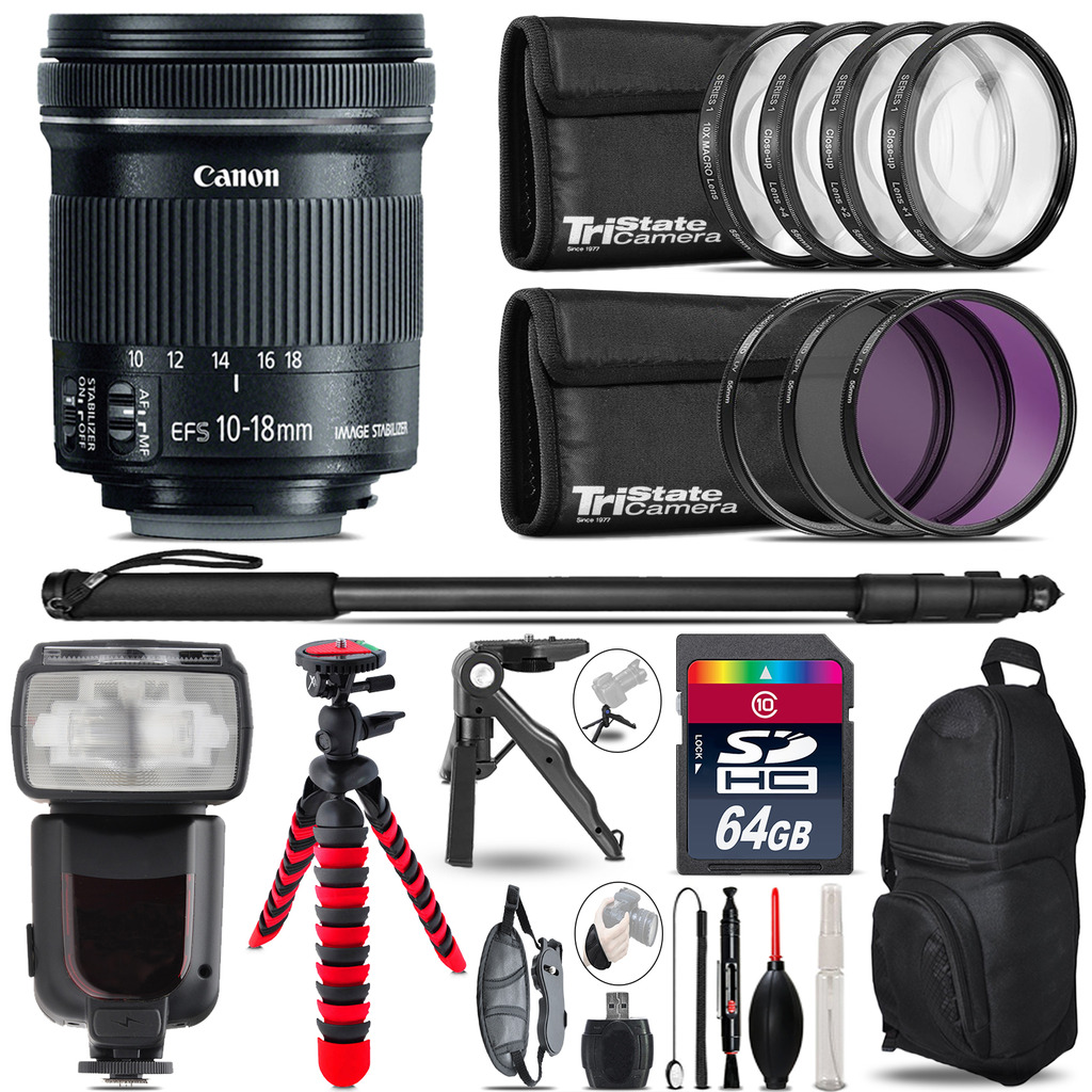 EF-S 10-18mm IS STM + Professional Flash + Macro Kit - 64GB Accessory Bundle *FREE SHIPPING*