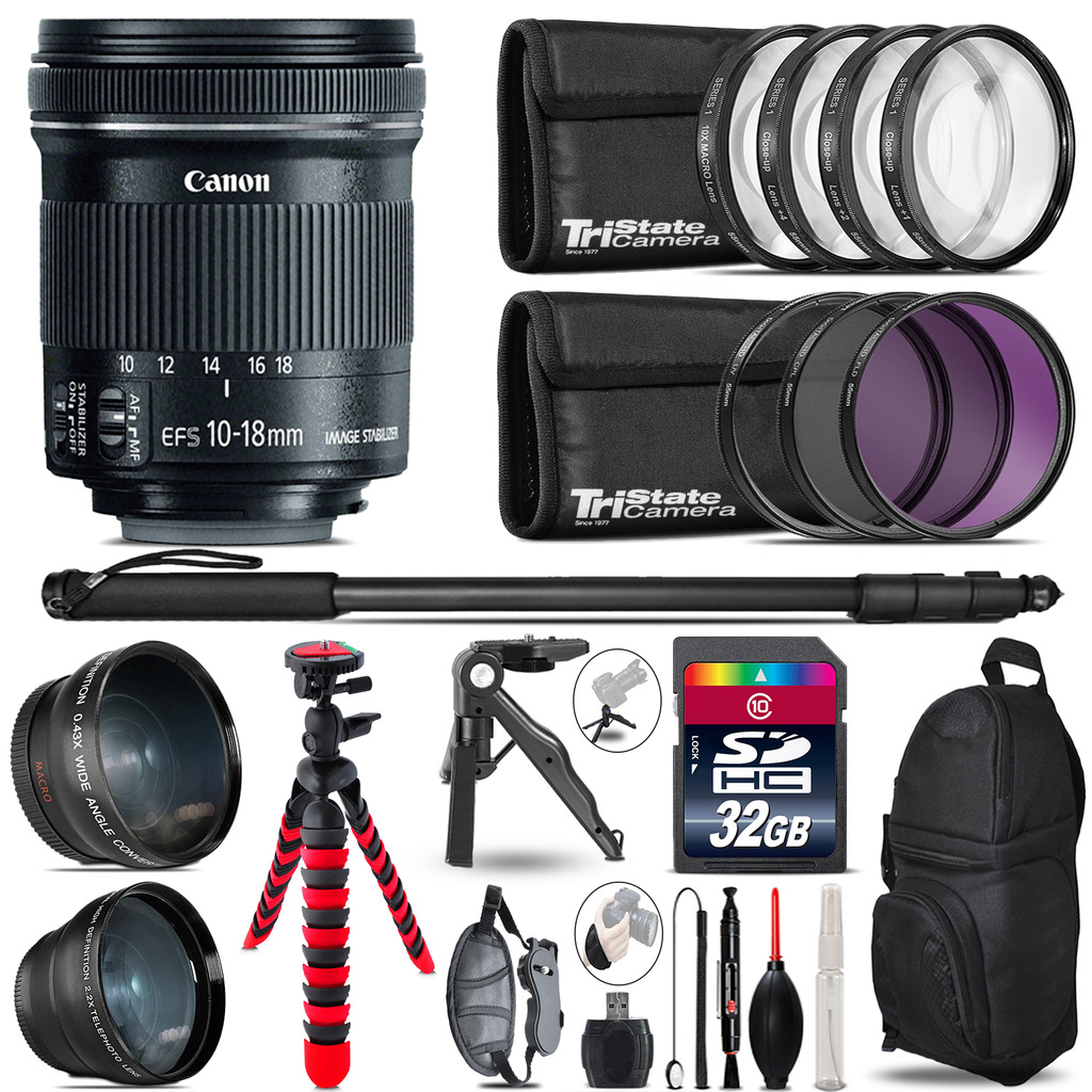 Canon 10-18mm IS STM - 3 Lens Kit + Tripod + Backpack - 32GB Accessory Bundle *FREE SHIPPING*