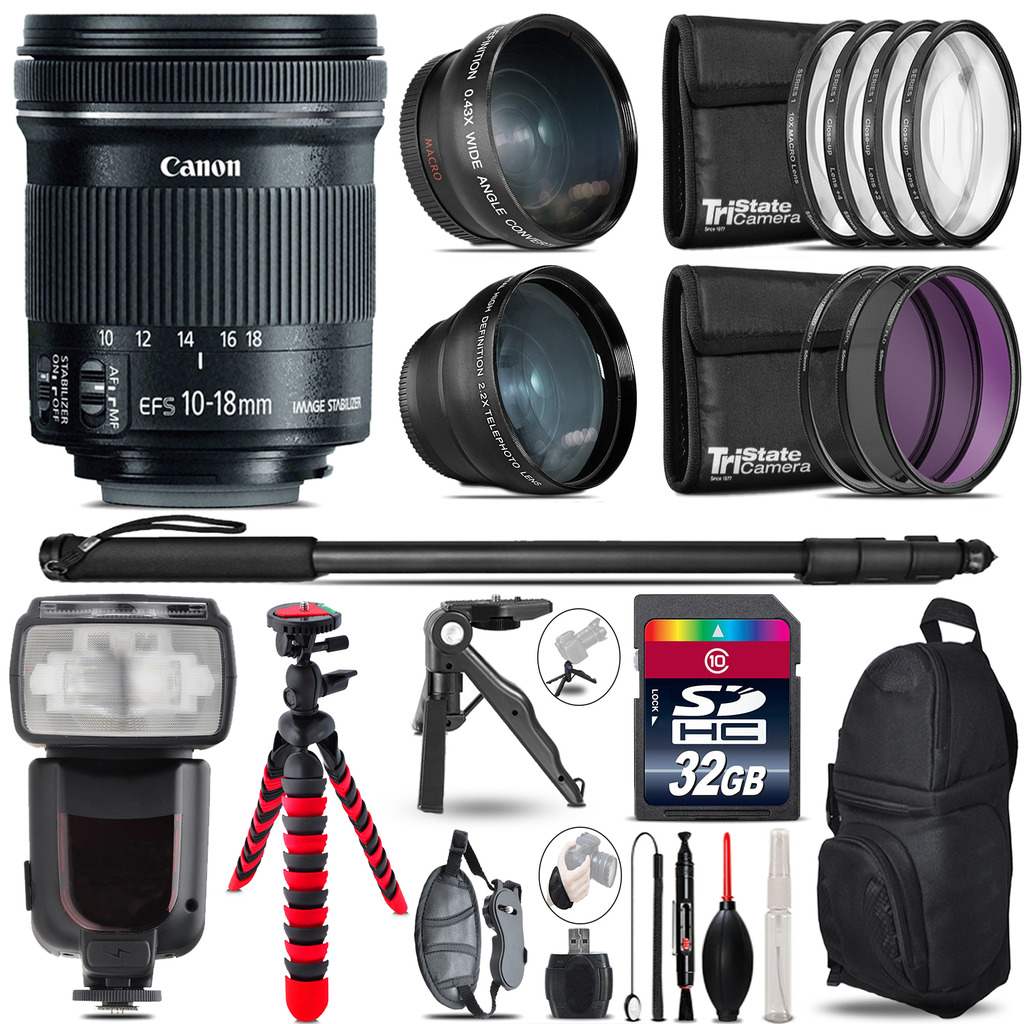 Canon 10-18mm IS STM - 3 Lens Kit + Professional Flash - 32GB Accessory Bundle *FREE SHIPPING*