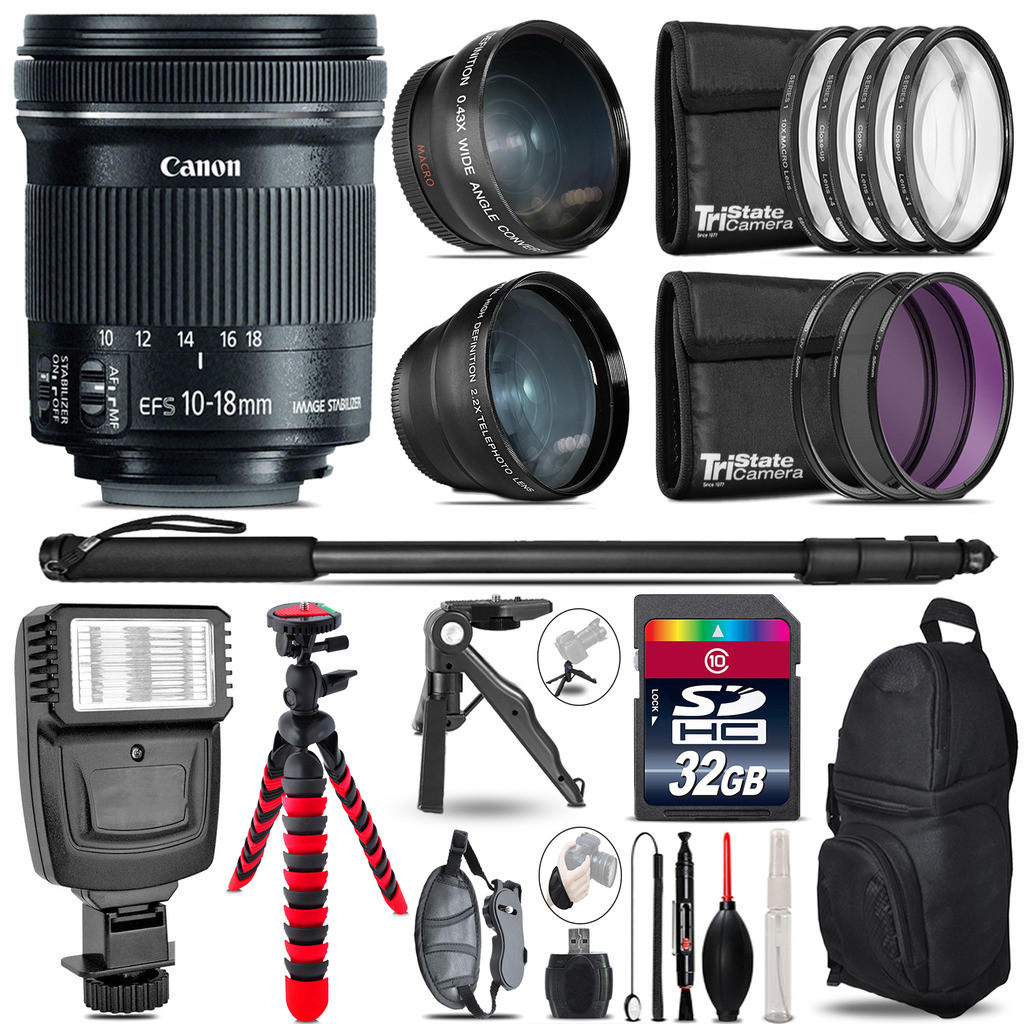 Canon 10-18mm IS STM -3 Lens Kit + Slave Flash + Tripod - 32GB Accessory Bundle *FREE SHIPPING*