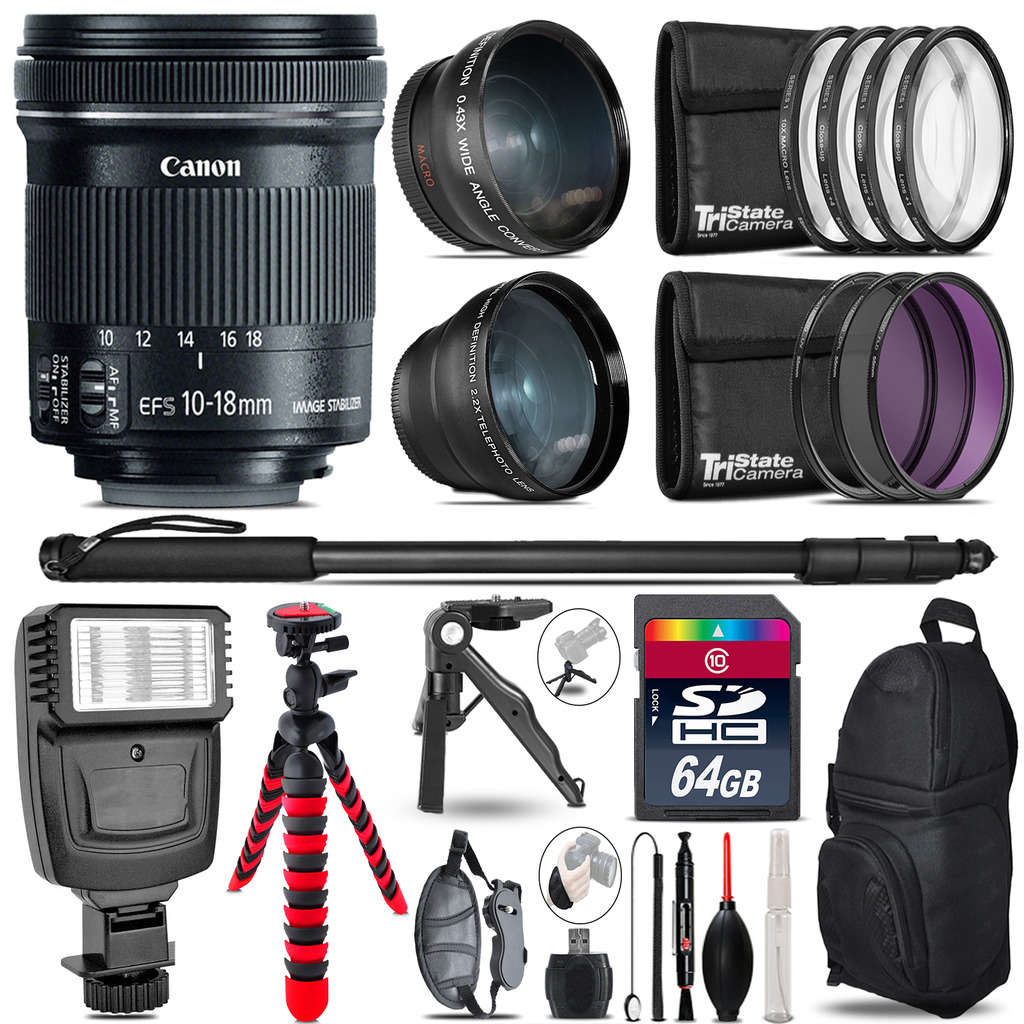 Canon 10-18mm IS STM -3 Lens Kit + Slave Flash + Tripod - 64GB Accessory Bundle *FREE SHIPPING*