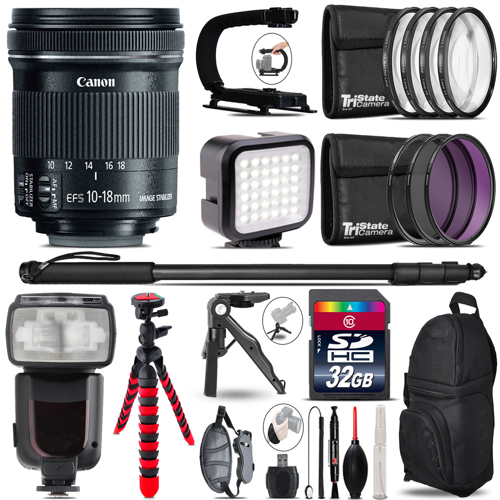 Canon 10-18mm IS STM - Video Kit + Pro Flash + Monopod - 32GB Accessory Bundle *FREE SHIPPING*