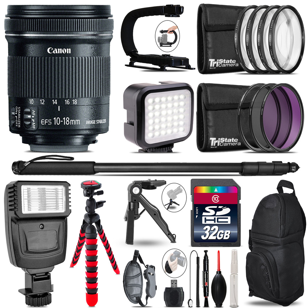 Canon 10-18mm IS STM -Video Kit + Slave Flash + Monopod - 32GB Accessory Bundle *FREE SHIPPING*