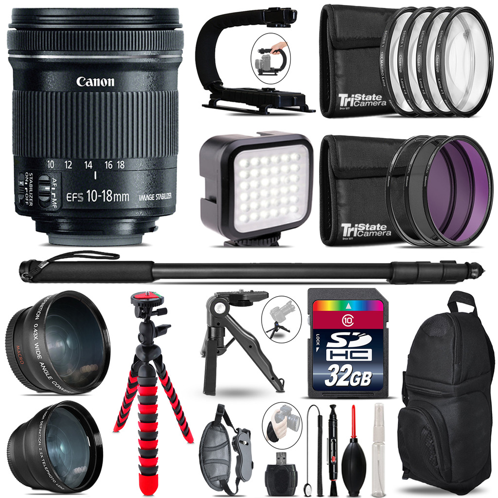 Canon EF-S 10-18mm IS STM -Video Kit + LED KIt + Monopod - 32GB Accessory Bundle *FREE SHIPPING*