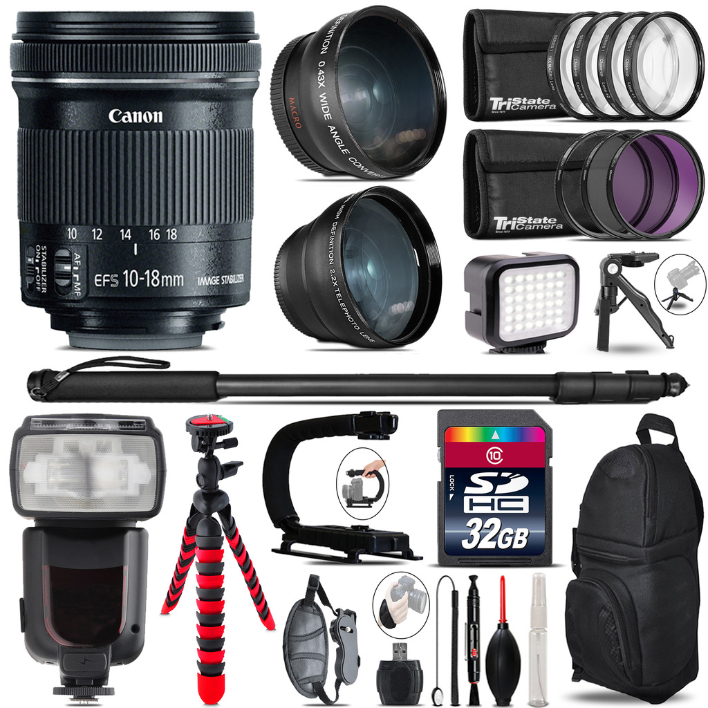 Canon 10-18mm IS STM + Pro Flash + LED Light + Tripod - 32GB Accessory Bundle *FREE SHIPPING*