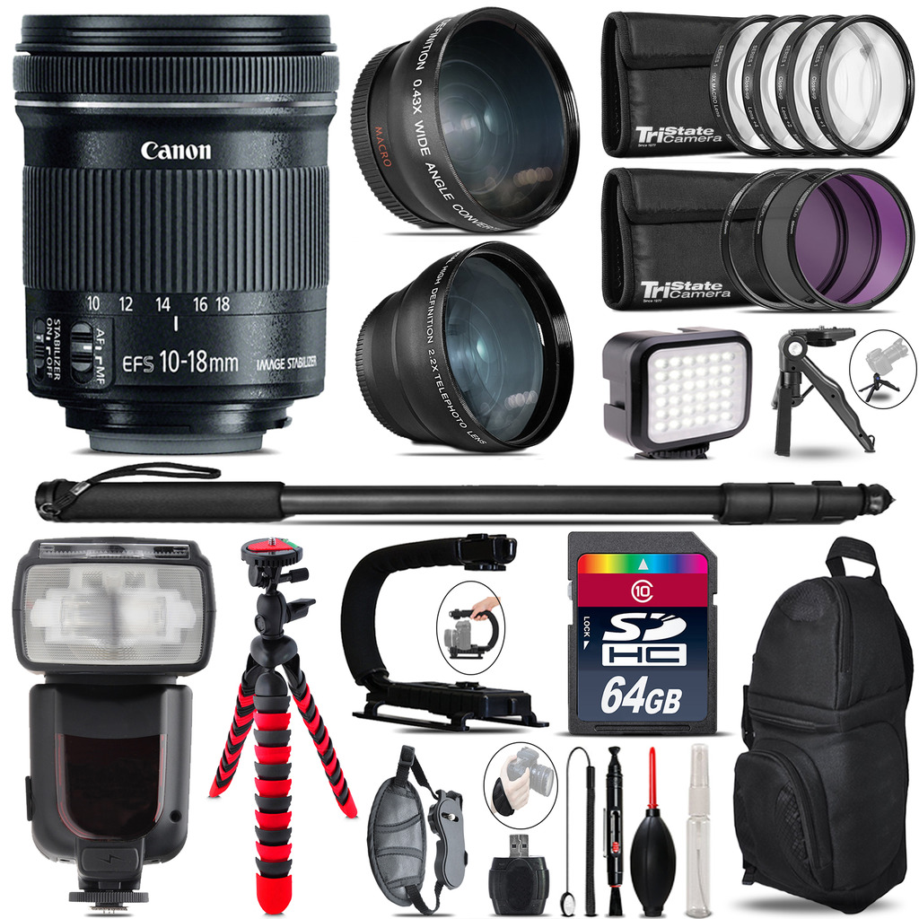 Canon 10-18mm IS STM + Pro Flash + LED Light + Tripod - 64GB Accessory Bundle *FREE SHIPPING*
