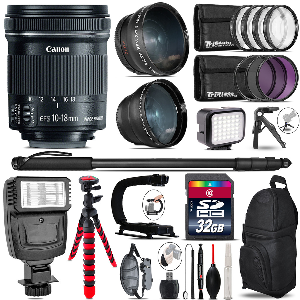 Canon 10-18mm IS STM + Slave Flash + LED Light + Tripod - 32GB Accessory Bundle *FREE SHIPPING*
