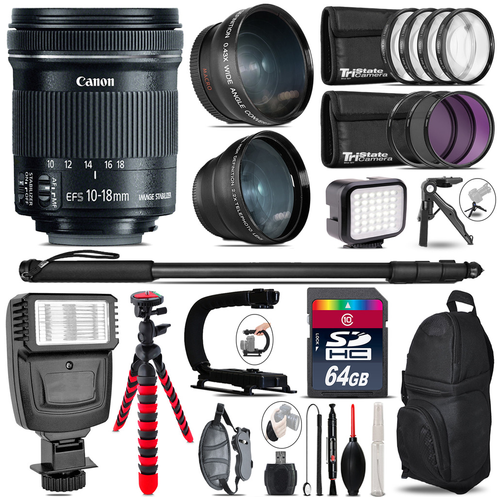 Canon 10-18mm IS STM + Slave Flash + LED Light + Tripod - 64GB Accessory Bundle *FREE SHIPPING*