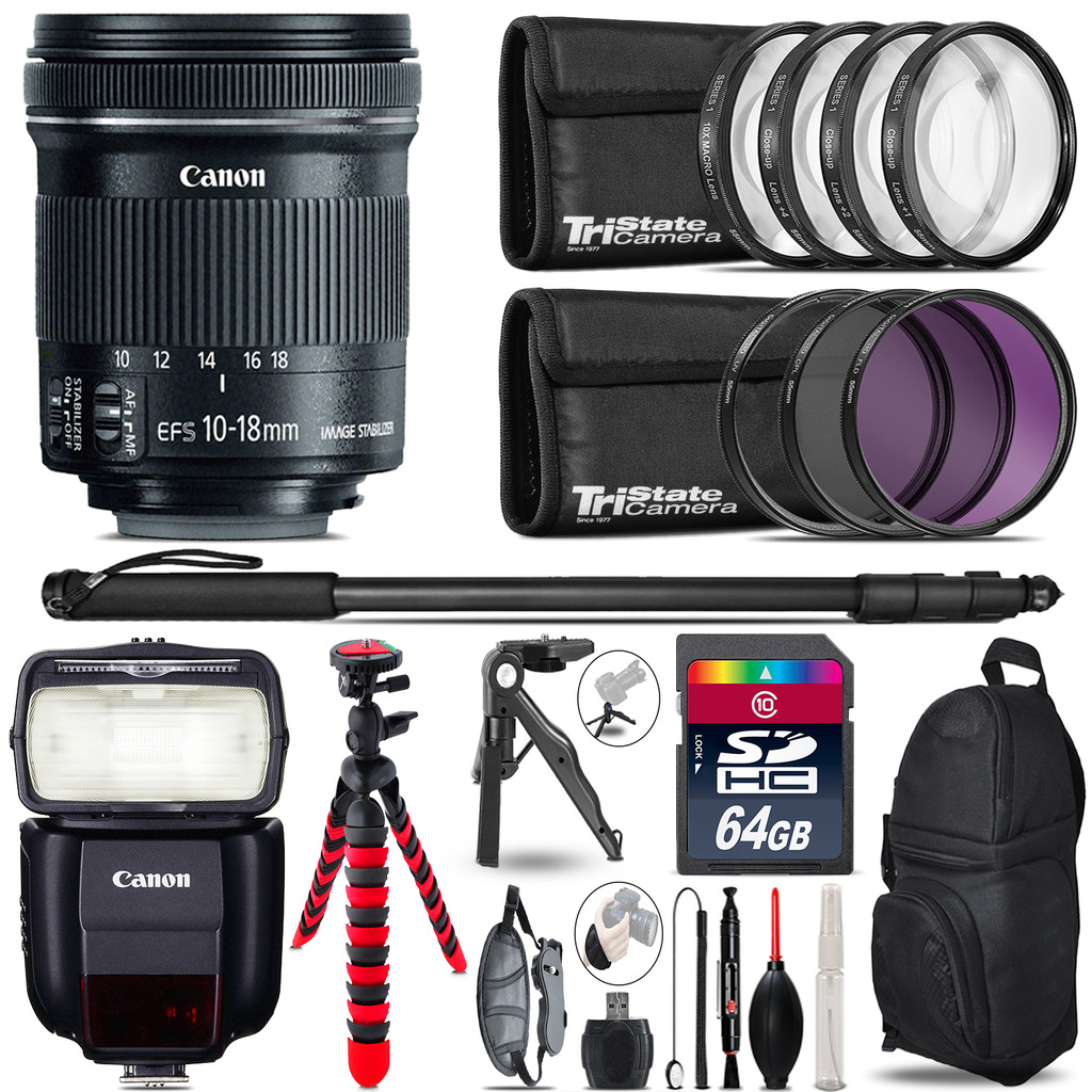 Canon 10-18mm IS STM + Speedlite 430EX III-RT + UV-CPL-FLD - 64GB Accessory Kit *FREE SHIPPING*