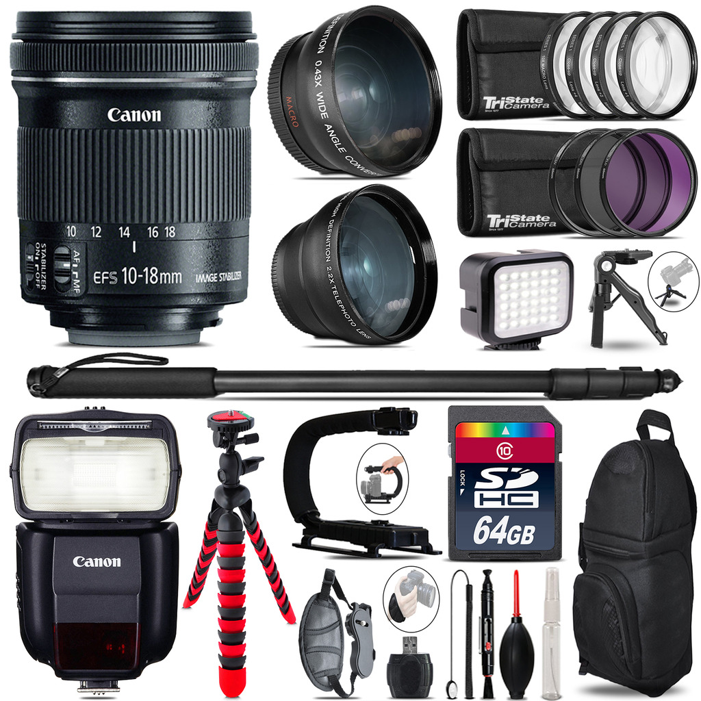 Canon 10-18mm IS STM + Speedlite 430EX III-RT - LED LIGHT - 64GB Accessory Kit *FREE SHIPPING*